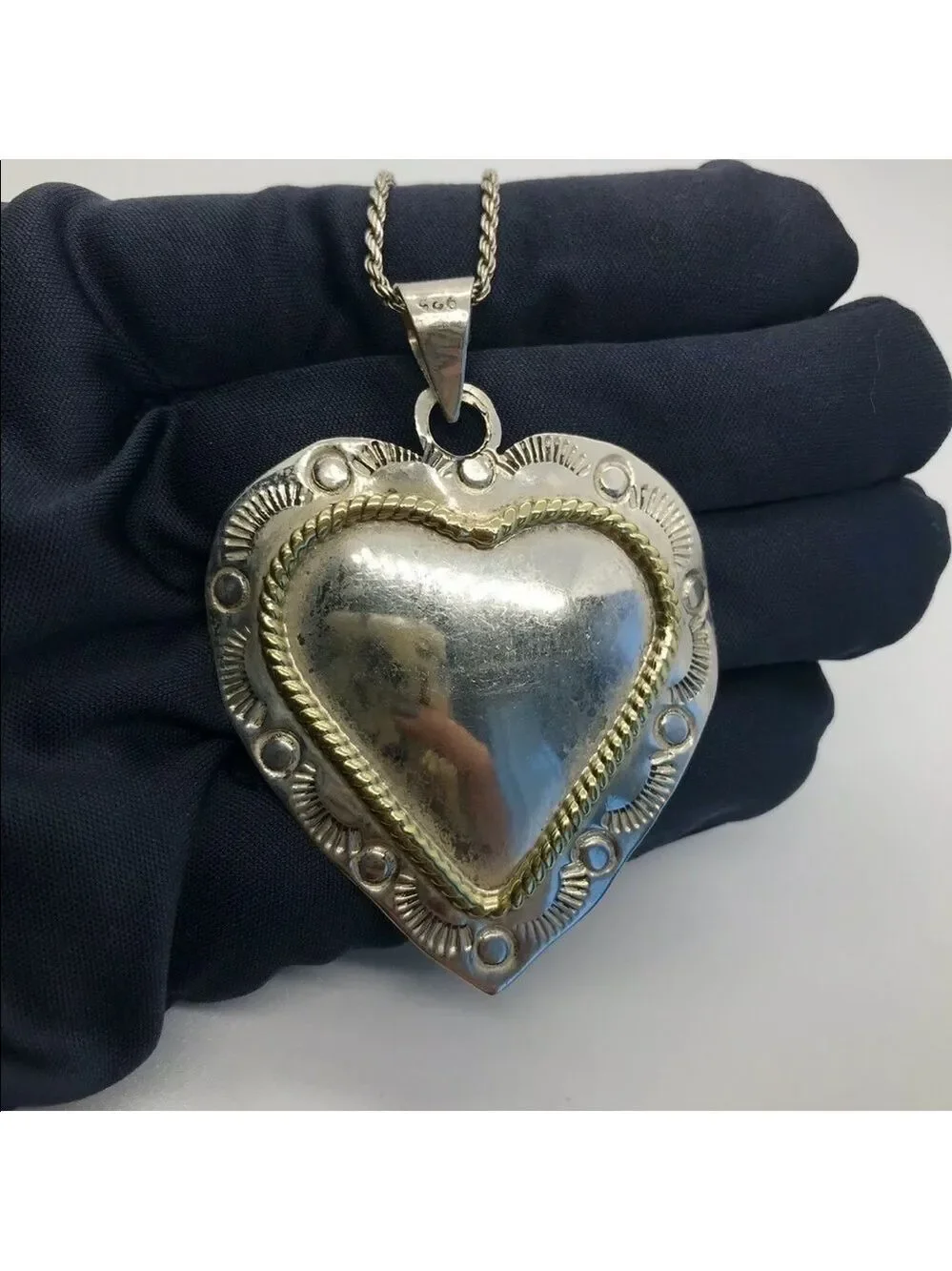 MEXICO STERLING SILVER VINTAGE HEART PENDANT BRASS WIRE DESIGN ON CHAIN …
